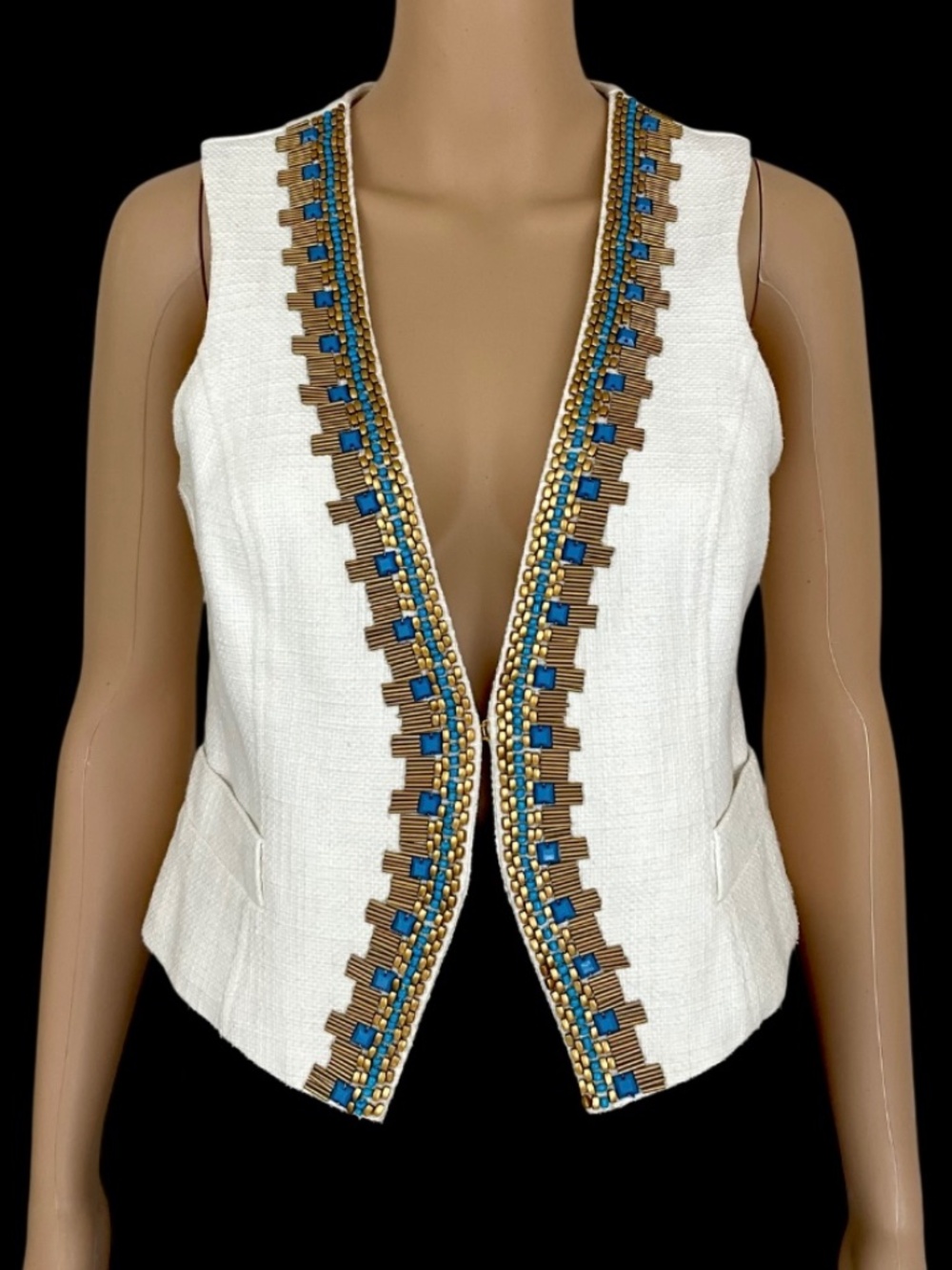 Cache Ivory Cotton Vest Beaded Trim Turquoise Gold Open Front Size 6